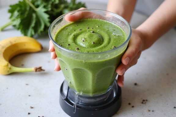 Mani che preparano un frullato verde con spinaci, banana e semi di chia in un frullatore.