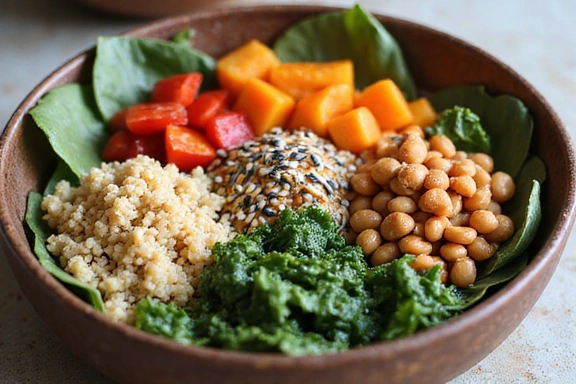 Una ciotola di buddha bowl colorata con verdure fresche, legumi e cereali integrali.