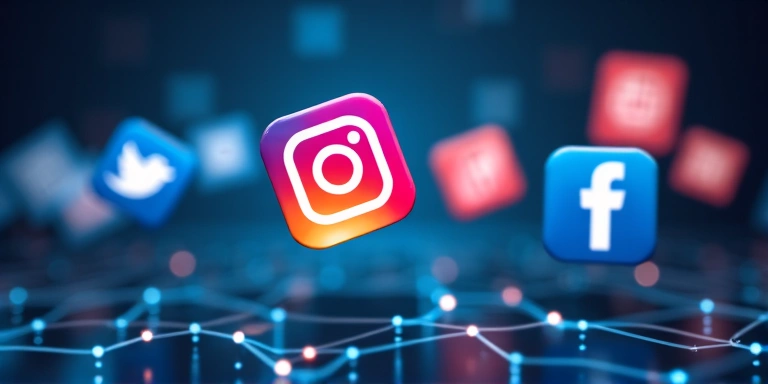 Icone di social media galleggianti su uno sfondo sfocato di connessioni digitali.