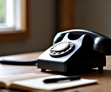 Un telefono fisso vintage su una scrivania di legno, con un blocco note e una penna accanto.
