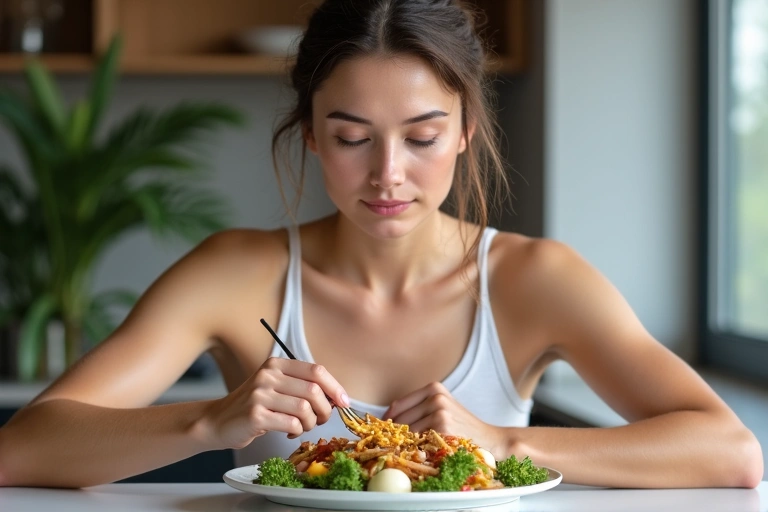 Persona che mangia un pasto sano con attenzione e consapevolezza, concentrandosi sul cibo nel piatto