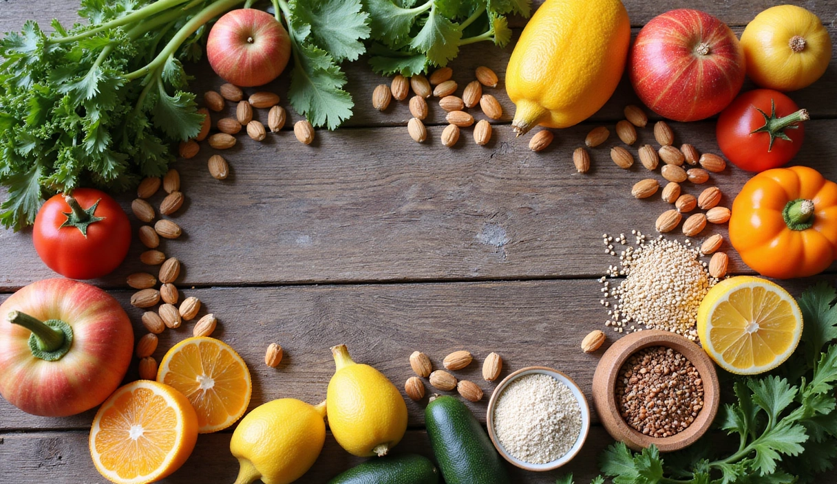 Varie alimenti sani disposti artisticamente per rappresentare la nutrizione e la salute olistica.