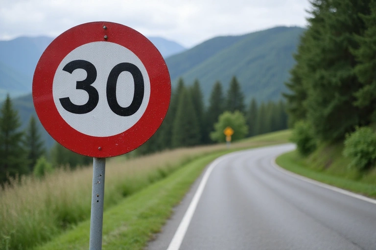 Un cartello stradale con il limite di velocità, simbolo di limitazione e responsabilità